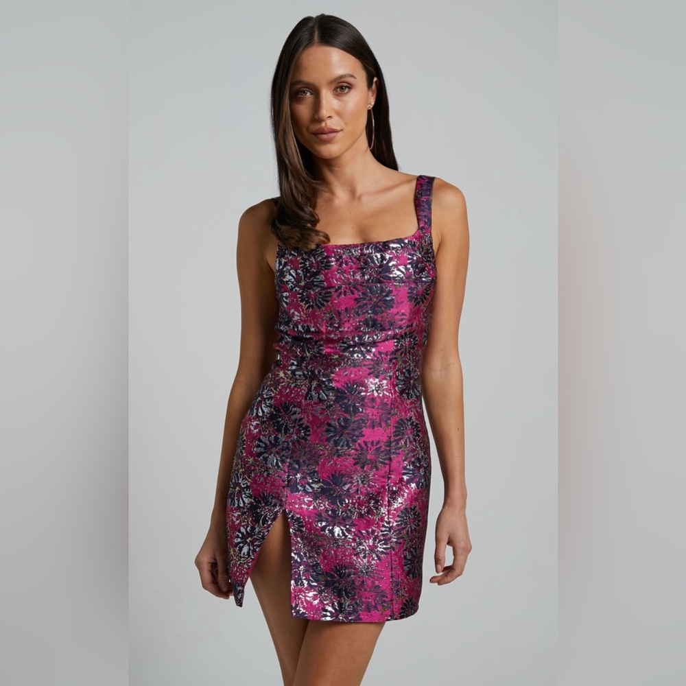 Pink Floral silver embellished mini dress